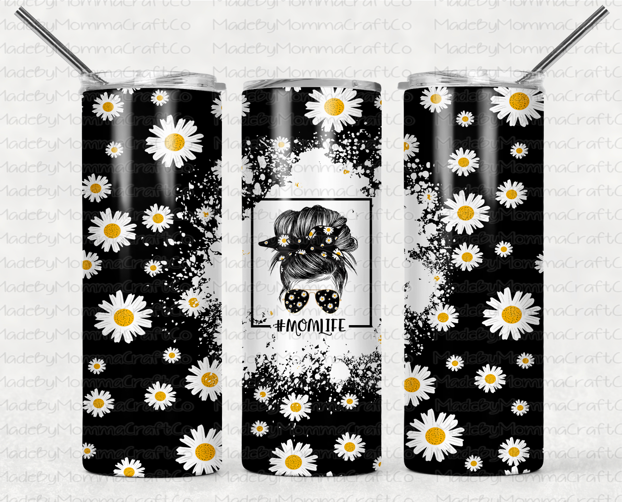 Black and White Daisy Mom Life Messy Bun Sublimation Tumbler Wrap - Or Clear Waterslide Wrap