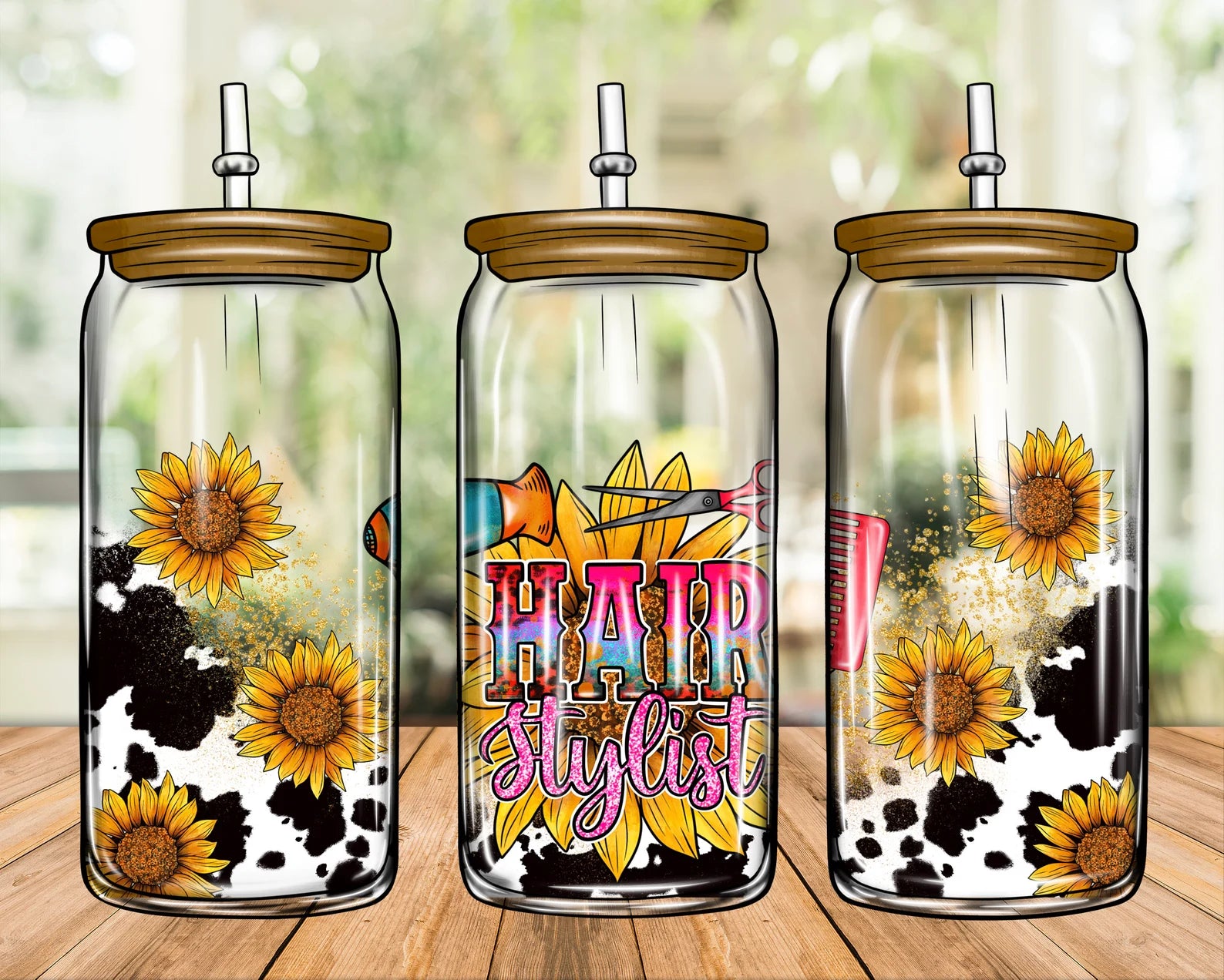 Hair Stylist Cowprint and Sunflowers Sublimation Libbey Can Wrap