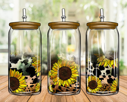 Sunflower Cowprint Sublimation Libbey Can Wrap