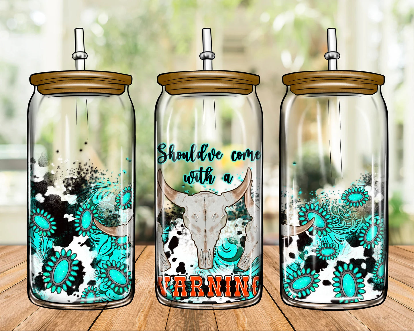 Should've Come With a Warning Cow Skull Sublimation Libbey Can Wrap