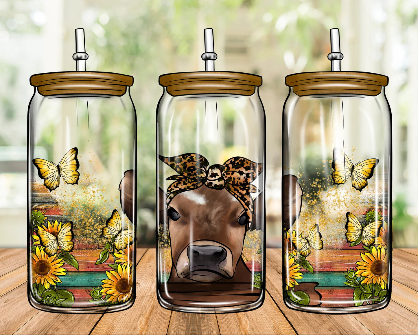 Cow Serape Butterflies Sublimation Libbey Can Wrap