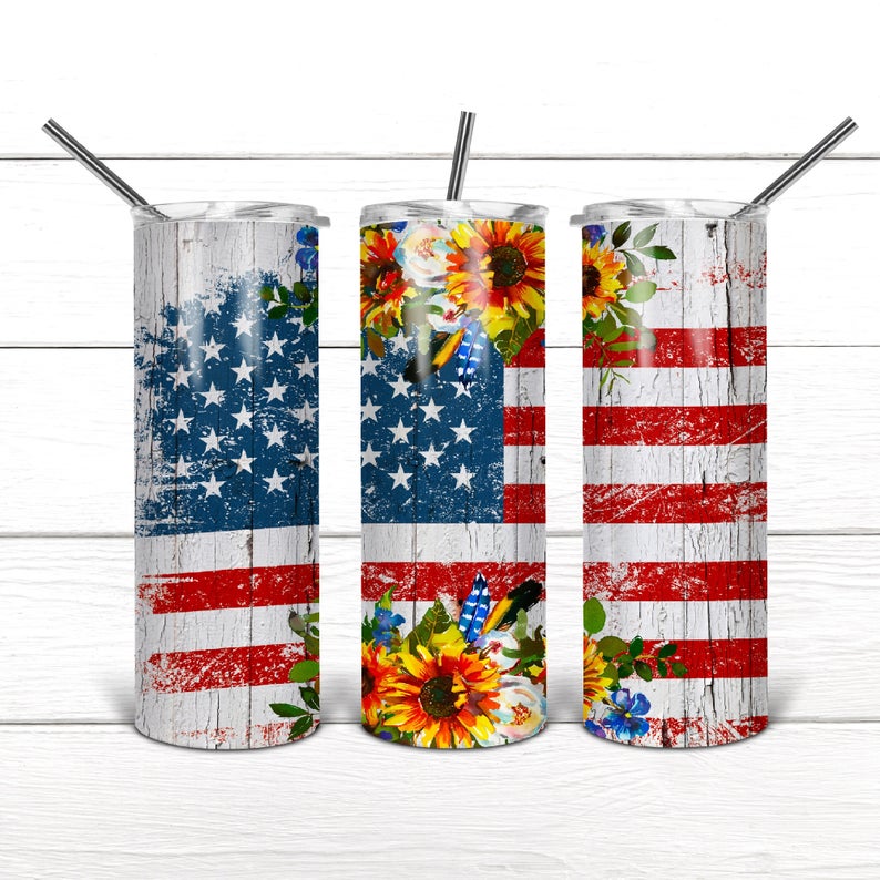 Distressed Sunflower America Flag Sublimation Tumbler Wrap - Or Clear Waterslide Wrap