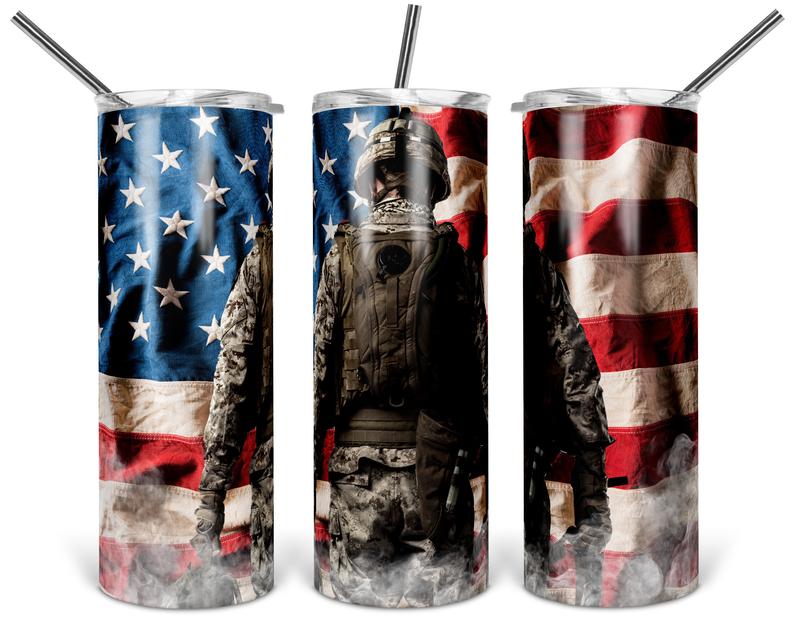 American Flag Soldier Sublimation Tumbler Wrap - Or Clear Waterslide Wrap