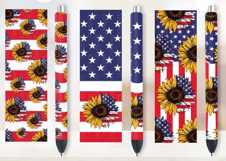 American Flag Sunflower Set Of 3 Printed Pen Wraps