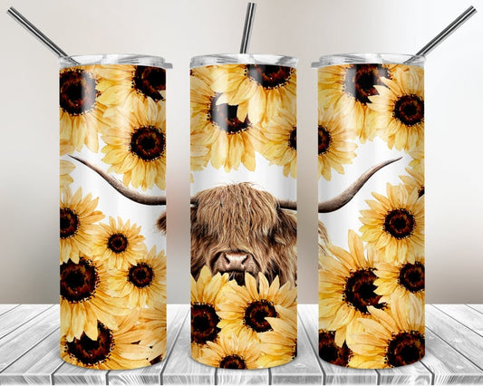 Sunflower Highland Cow Sublimation Tumbler Wrap - Or Clear Waterslide Wrap