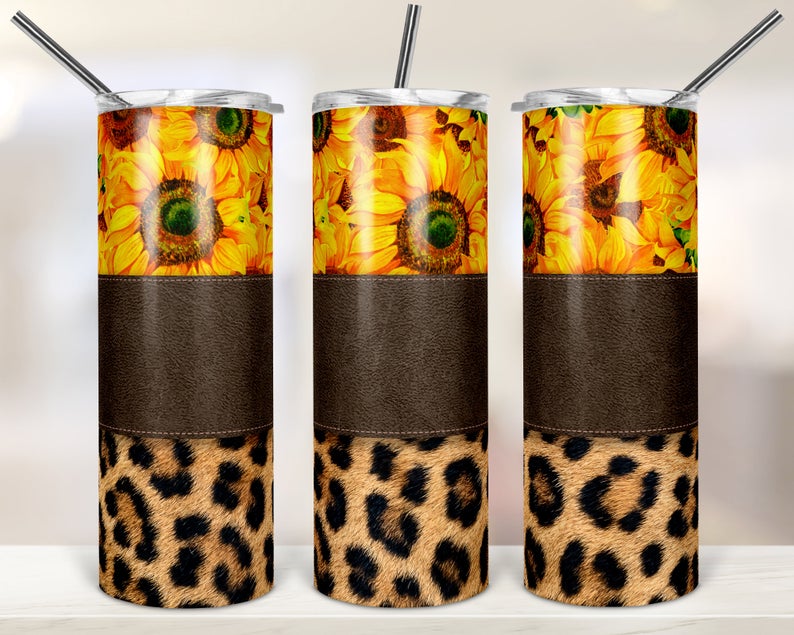 Leopard &amp; Leather Sunflower Sublimation Tumbler Wrap - Or Clear Waterslide Wrap