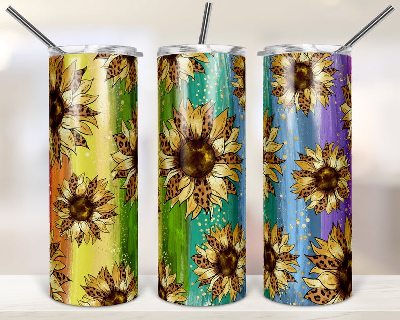 Rainbow Brush Strokes Leopard Sunflower Sublimation Tumbler Wrap - Or Clear Waterslide Wrap