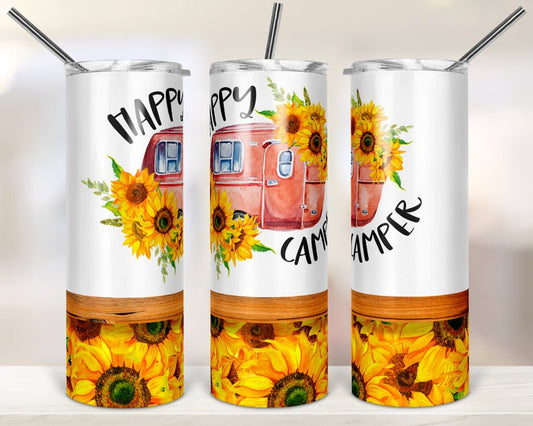 Happy Camper Sunflower Sublimation Tumbler Wrap - Or Clear Waterslide Wrap