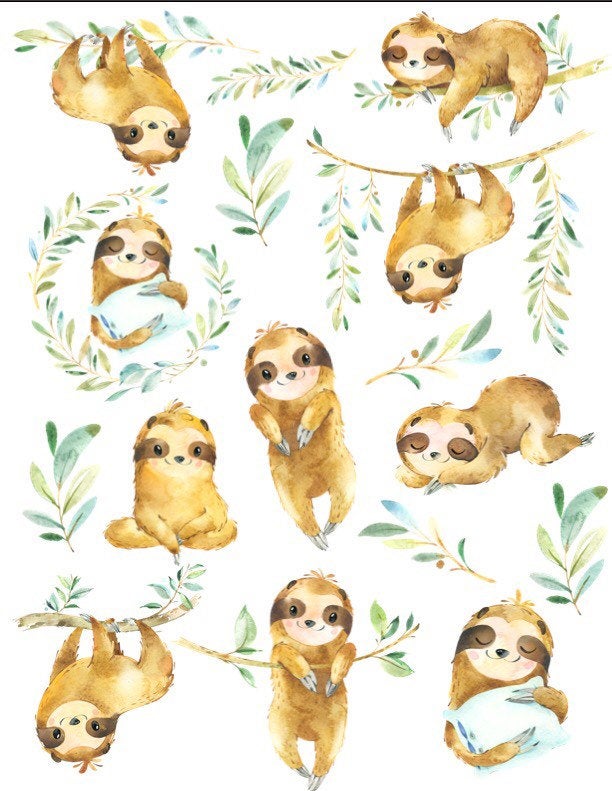Watercolor Sloths Cheat Clear Waterslide ™ or Sticker Themed Sheet  Elements Sheet