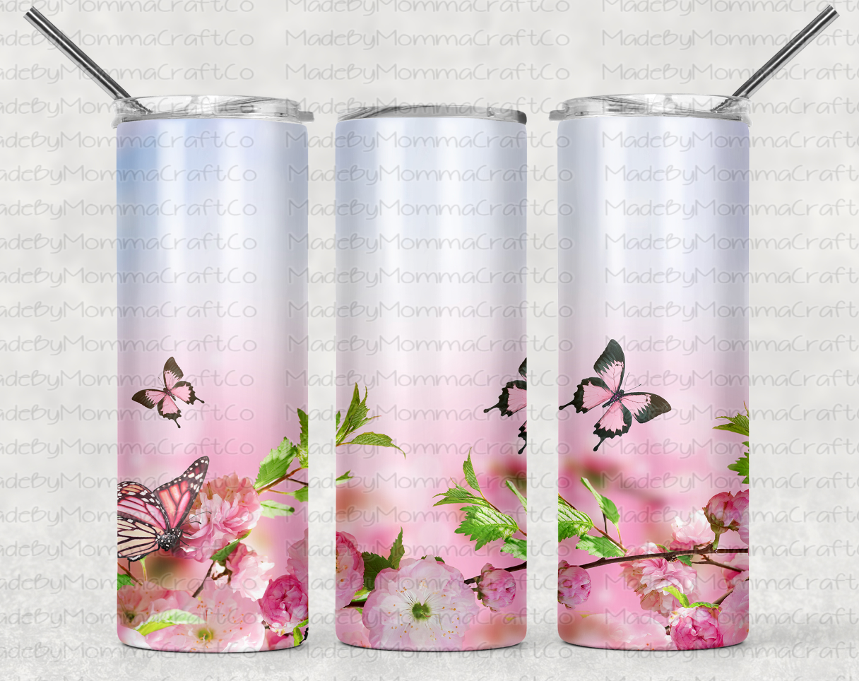 Floral Pink Butterfly Sublimation Tumbler Wrap - Or Clear Waterslide Wrap