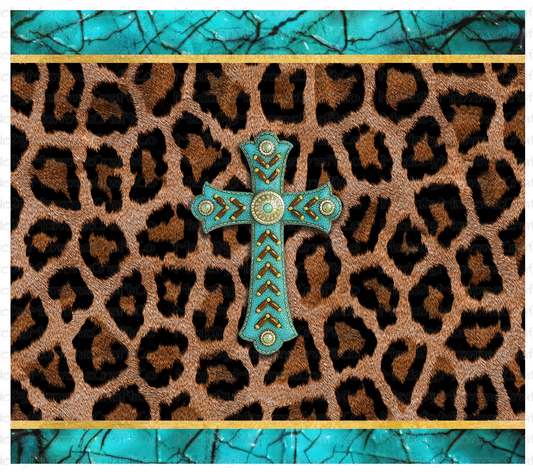 Leopard Cross Turquois Sublimation Tumbler Wrap - Or Clear Waterslide Wrap