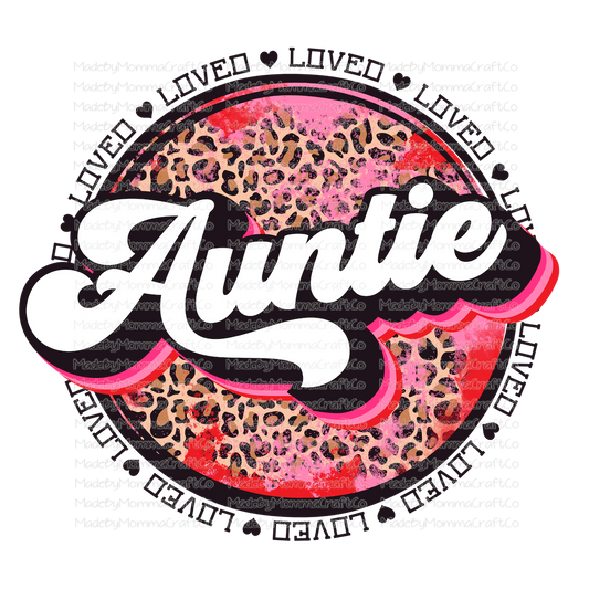 Loved Auntie Pink Leopard Circle - Cheat Clear Waterslide™ or White Cast Sticker