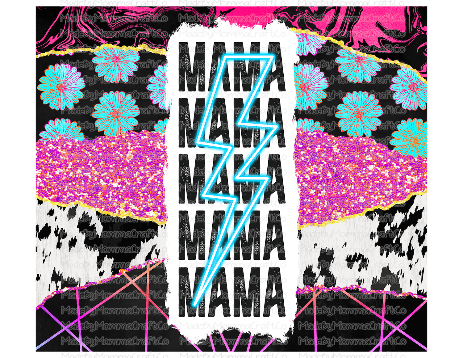 Mama Lightning Neon Flower Tumbler Wrap - Sublimation Or Clear Waterslide Wrap