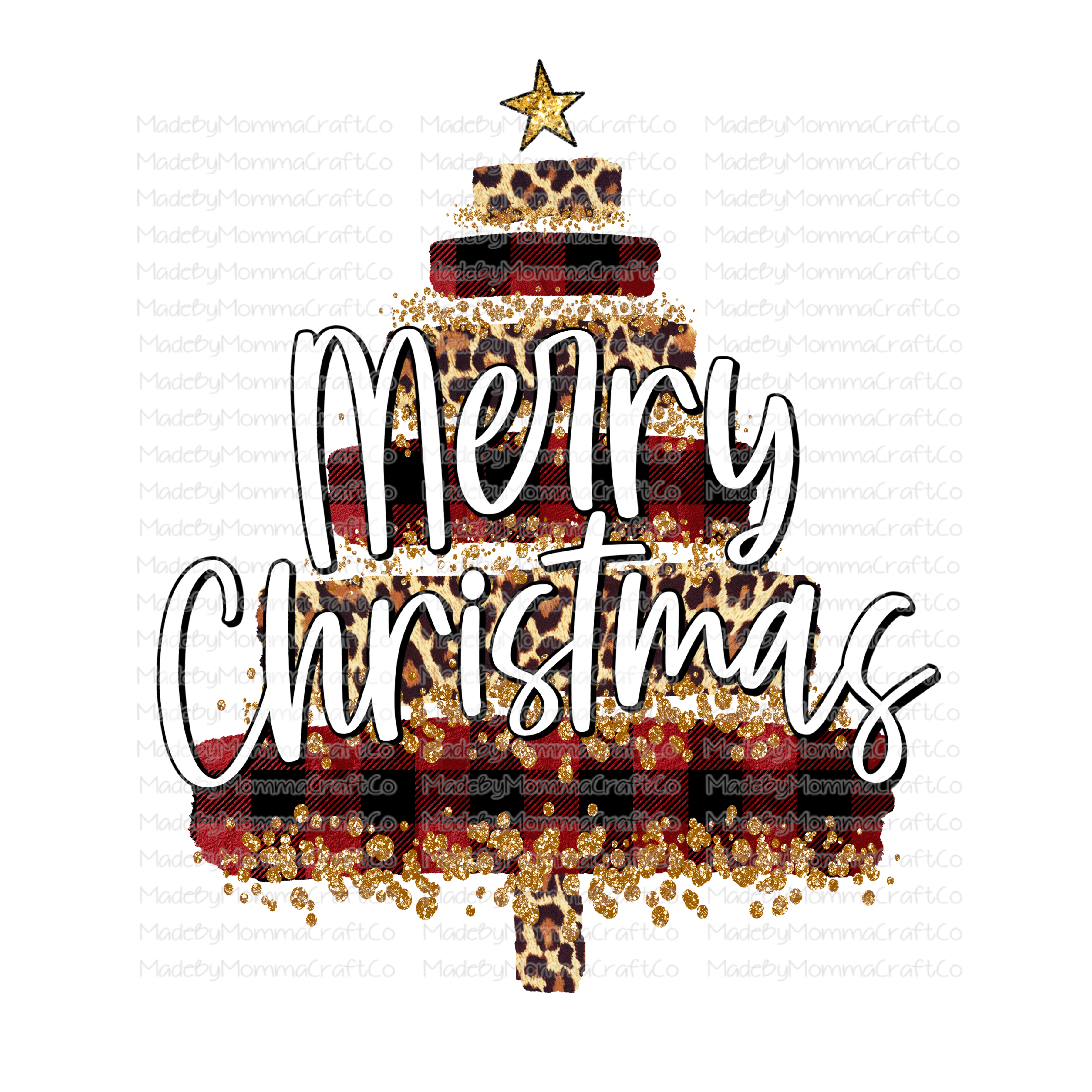 Merry Christmas - Brush Tree - Plaid Leopard - Cheat Clear Waterslide™ or White Cast Sticker