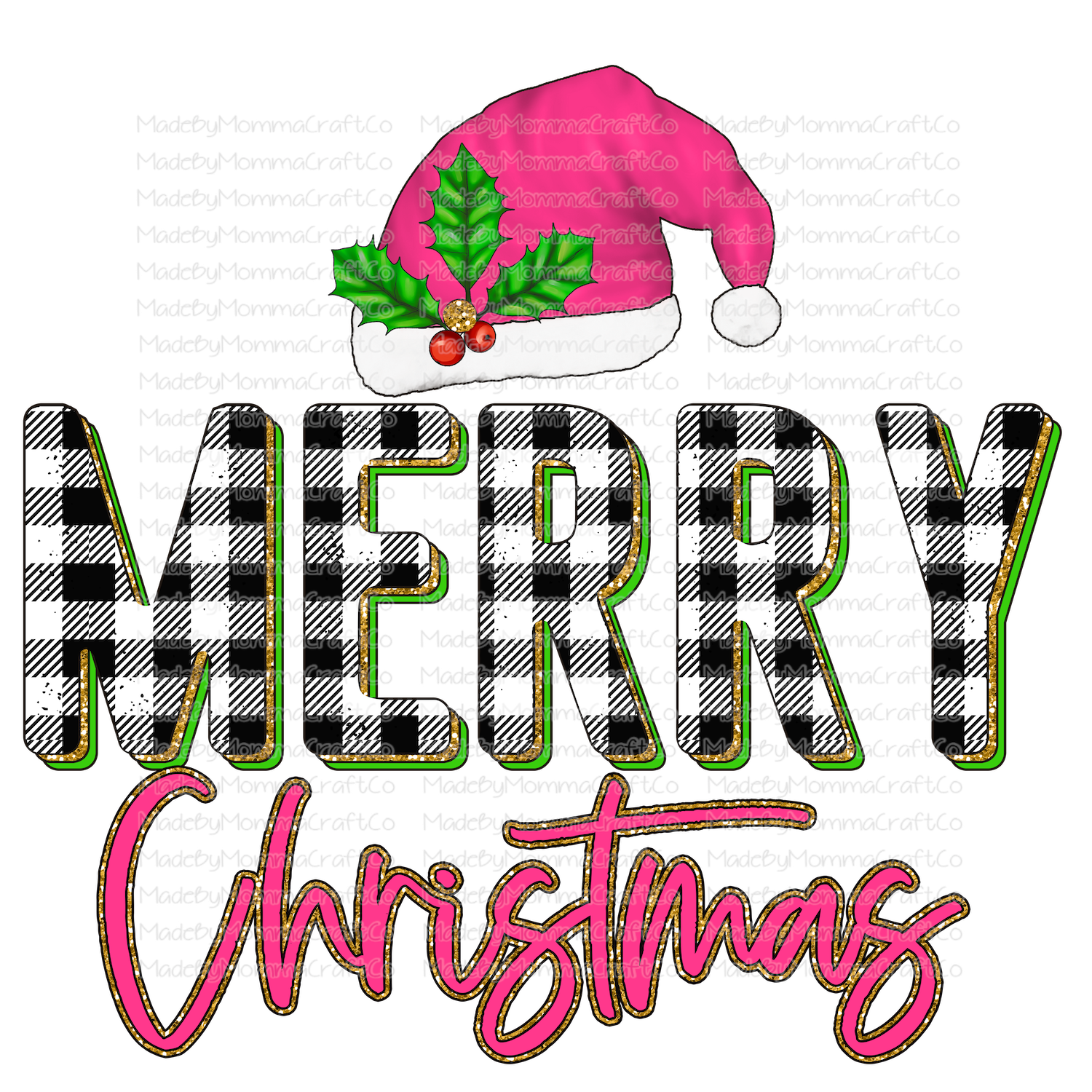 Merry Christmas pink plaid glitter - Christmas - Cheat Clear Waterslide™ or White Cast Sticker