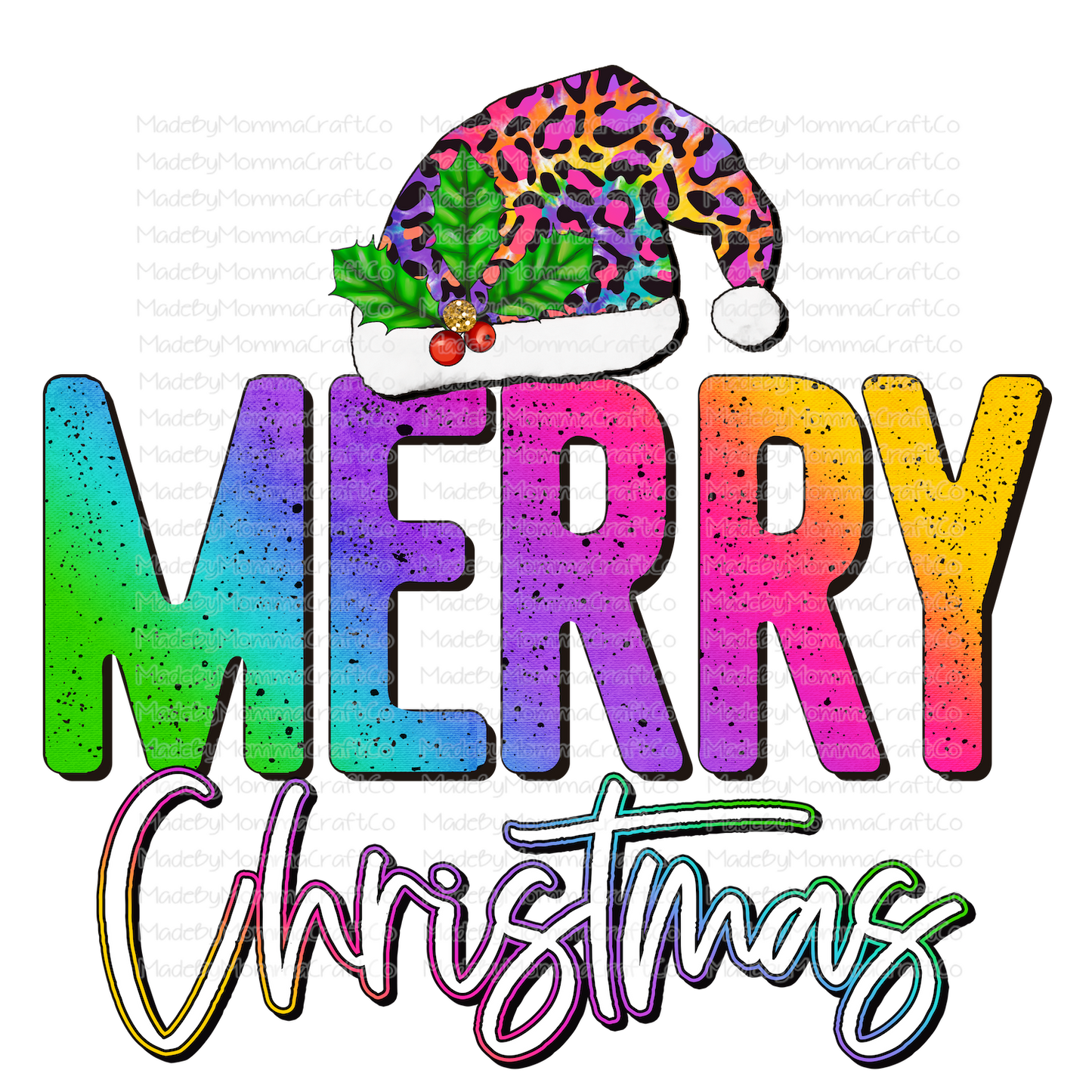 Merry Christmas Rainbow Leopard Hat - Christmas - Cheat Clear Waterslide™ or White Cast Sticker