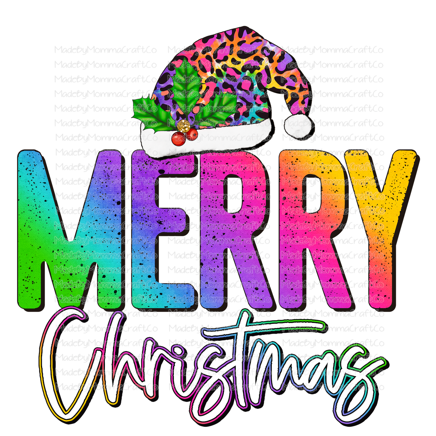 Merry Christmas Rainbow Leopard Hat - Christmas - Cheat Clear Waterslide™ or White Cast Sticker