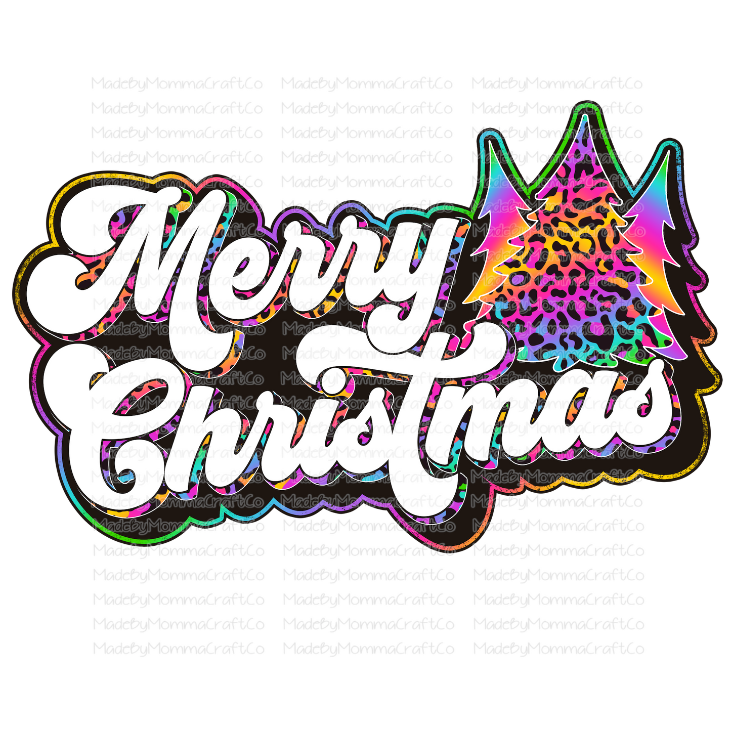 Merry Christmas Retro Rainbow Leopard Trees - Christmas - Cheat Clear Waterslide™ or White Cast Sticker