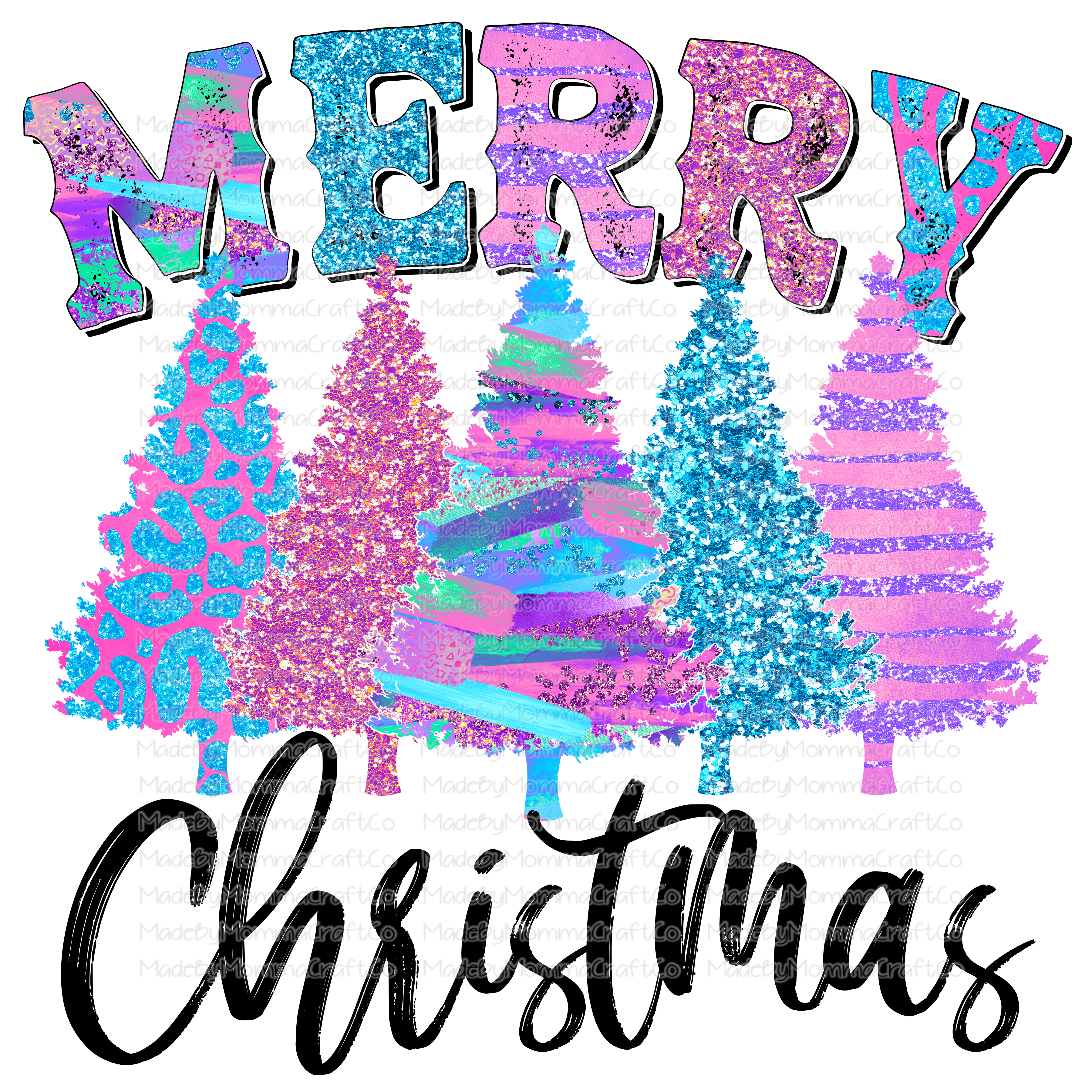 Merry Christmas Trees Colorful Glitter - Cheat Clear Waterslide™ or White Cast Sticker