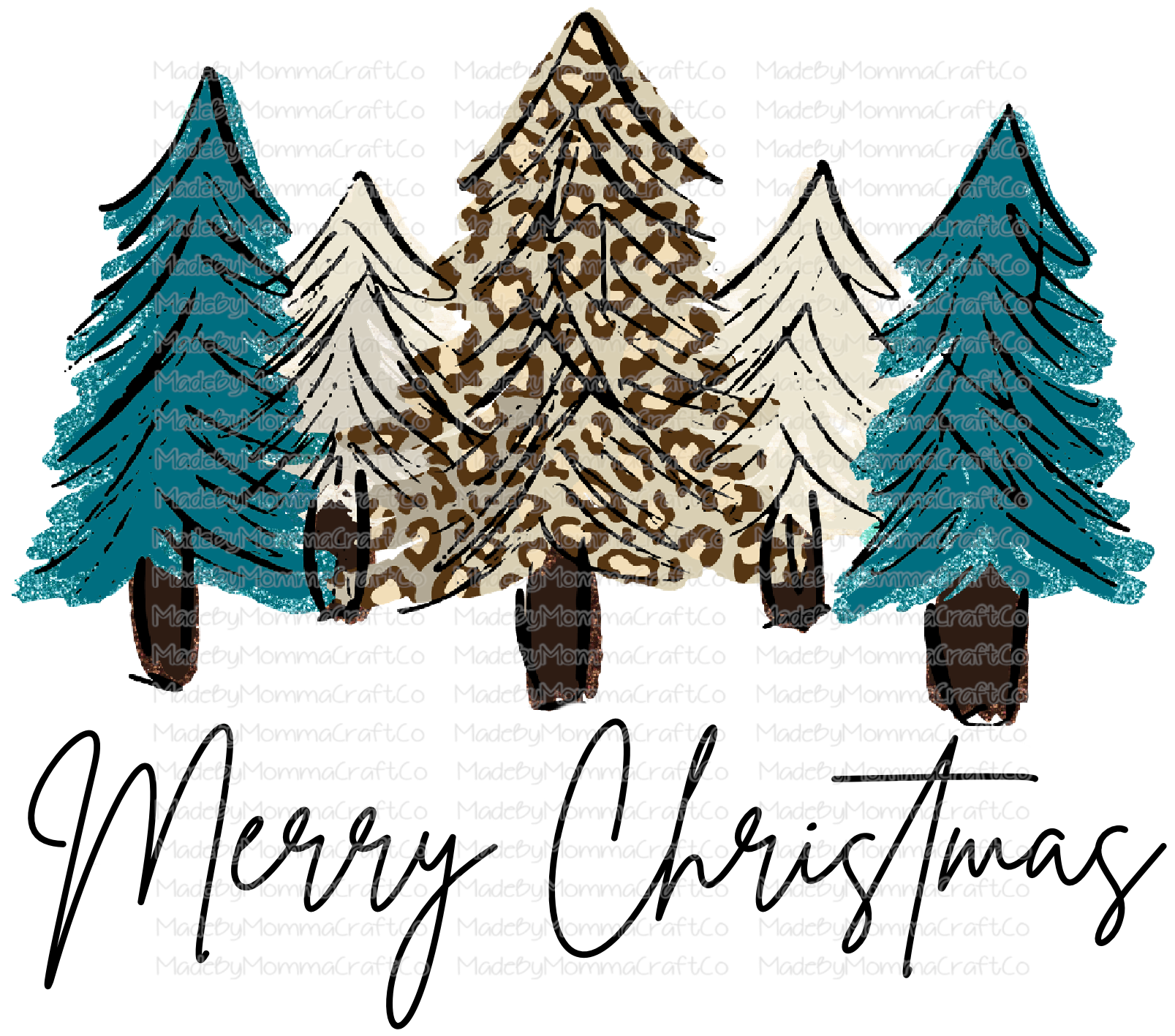 Merry Christmas Teal Trees -Cheat Clear Waterslide™ or White Cast Sticker
