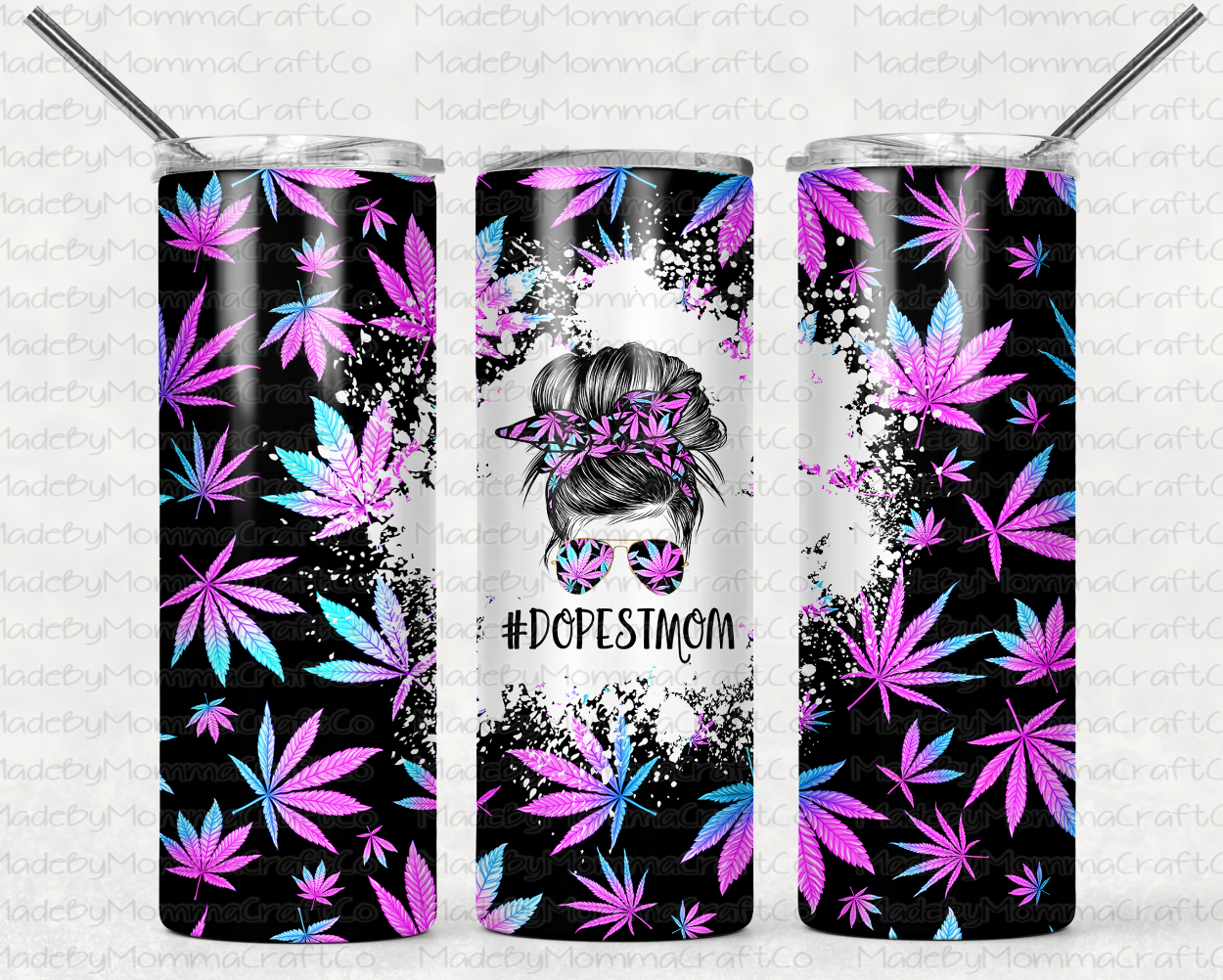 Pot Leaf Dopest Mom Messy Bun Sublimation Tumbler Wrap - Or Clear Waterslide Wrap marijuana weed 420