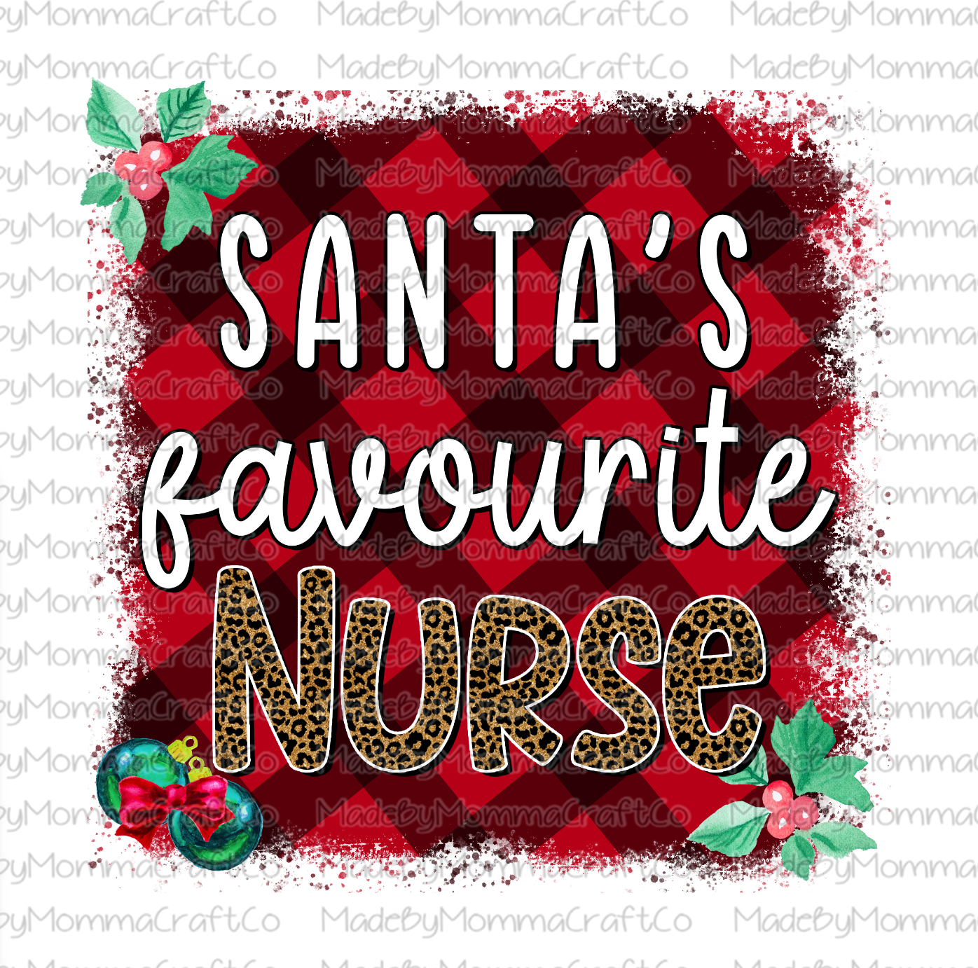 Santa&#39;s Favorite Nurse - Christmas - Plaid - Cheat Clear Waterslide™ or White Cast Sticker