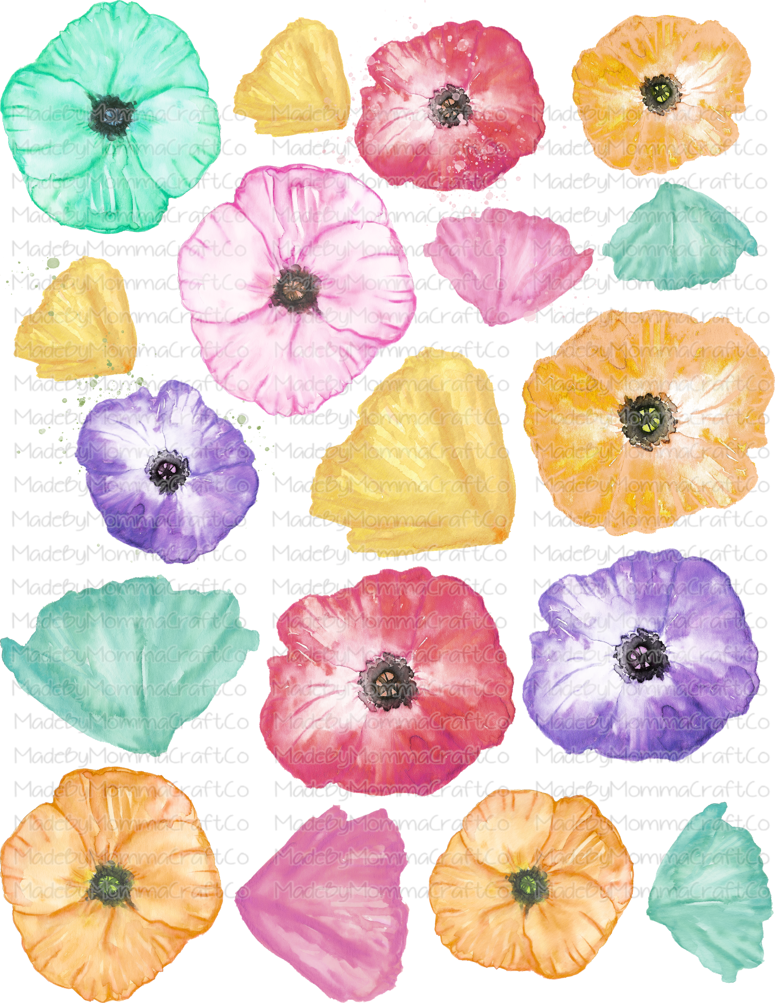 Pastel Poppies Floral Cheat Clear Waterslide ™ or Sticker Themed Sheet  Elements Sheet