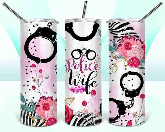 Police Wife Handcuff Floral Sublimation Tumbler Wrap - Or Clear Waterslide Wrap