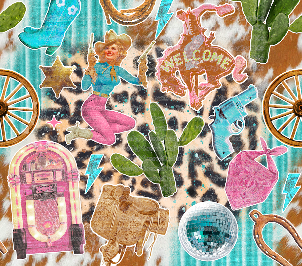 Retro western pink teal tumbler straight Sublimation Tumbler Wrap - Or Clear Waterslide Wrap