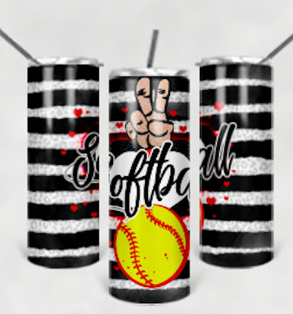 Striped White Peace Love Softball Sublimation Tumbler Wrap - Or Clear Waterslide Wrap