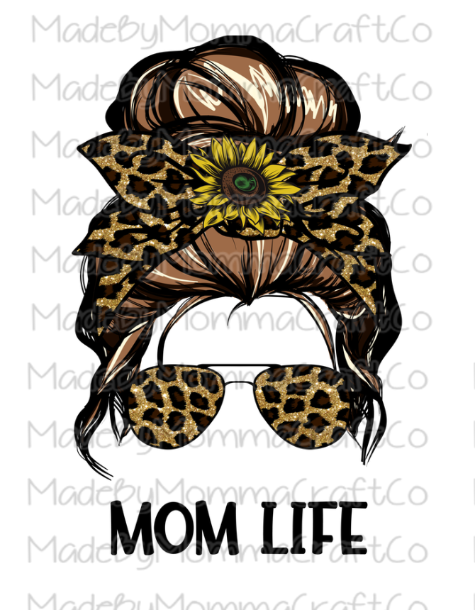 Messy Bun Mom Life Leopard Sunflower - Cheat Clear Waterslide™ or White Cast Sticker