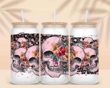 Skulls Pink Floral Leopard Sublimation Libbey Can Wrap