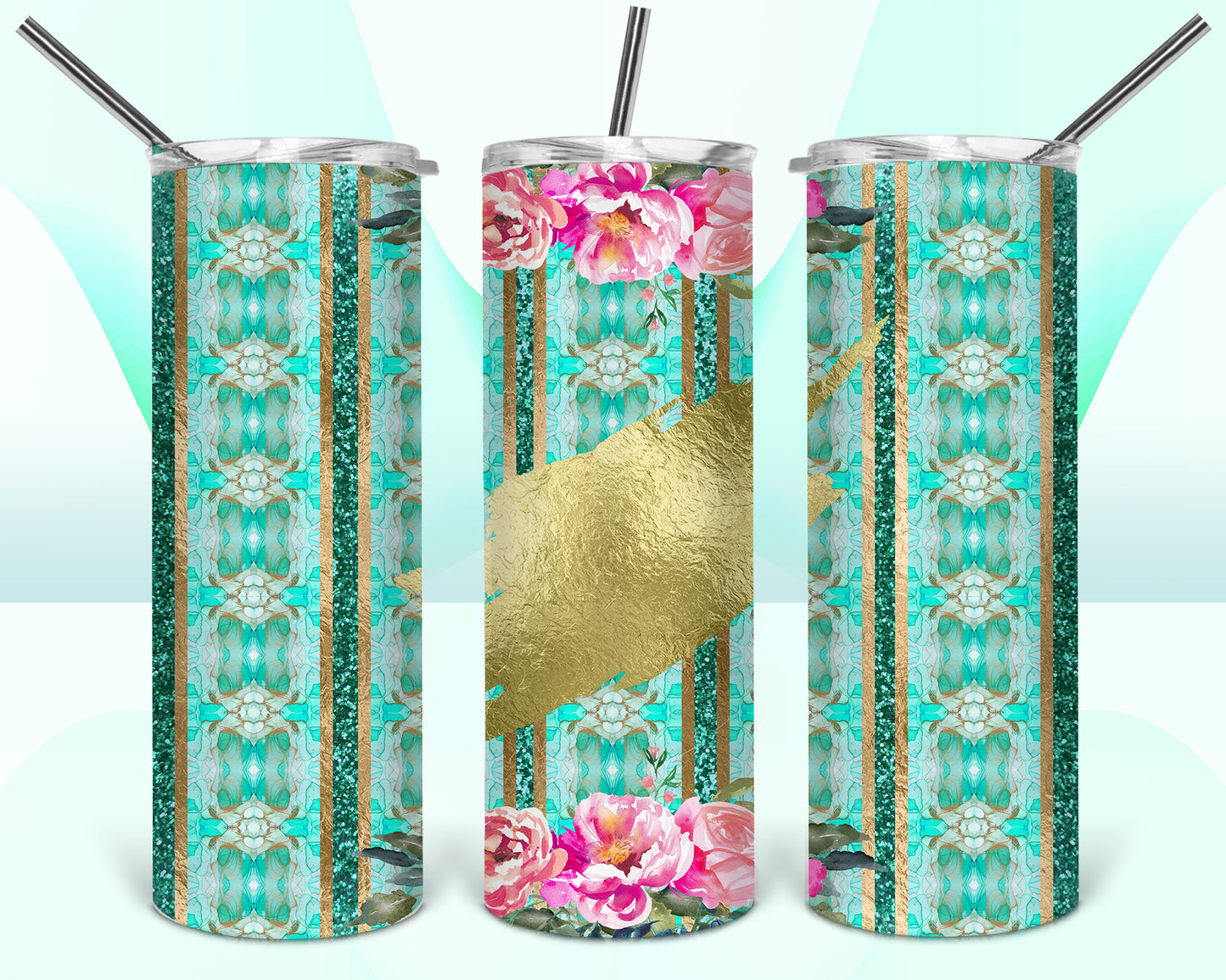 Turquoise Gold Foil Sublimation Tumbler Wrap - Or Clear Waterslide Wrap