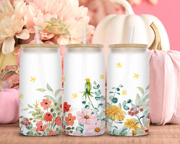 Watercolor Flowers Spring Time Sublimation Libbey Can Wrap