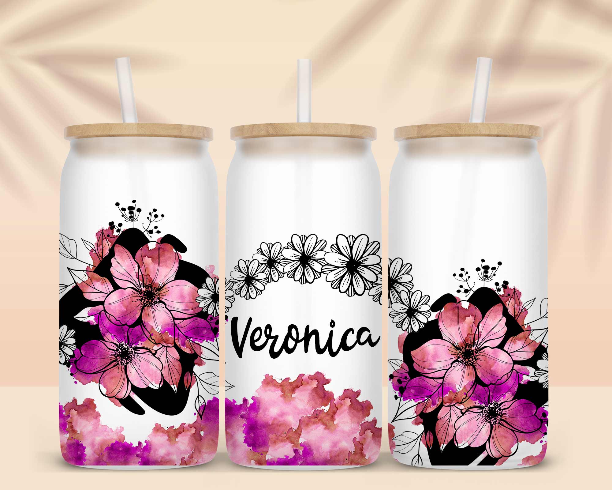 Watercolor Flowers Pink Sublimation Libbey Can Wrap