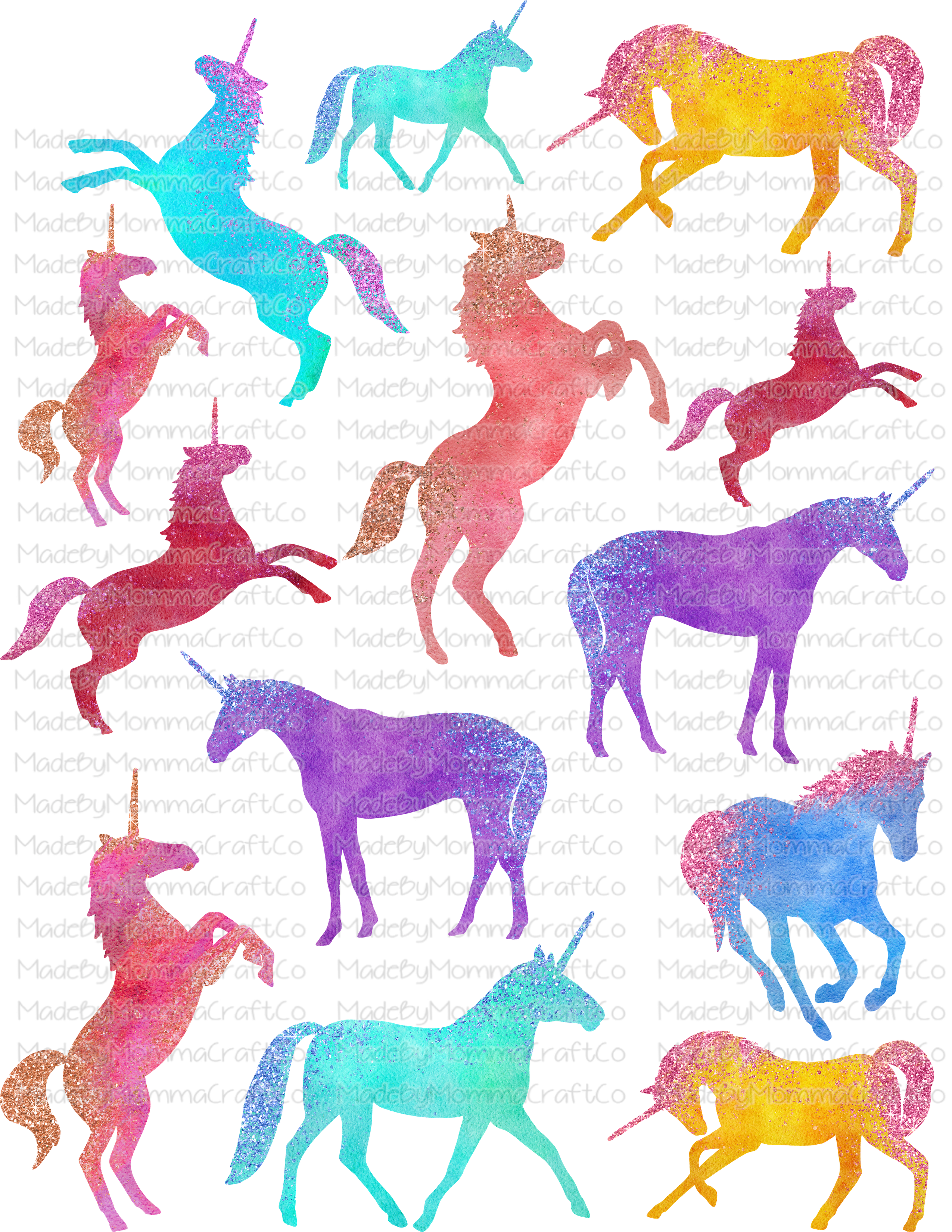 Watercolor Glitter Unicorns Cheat Clear Waterslide ™ or Sticker Themed Sheet  Elements Sheet
