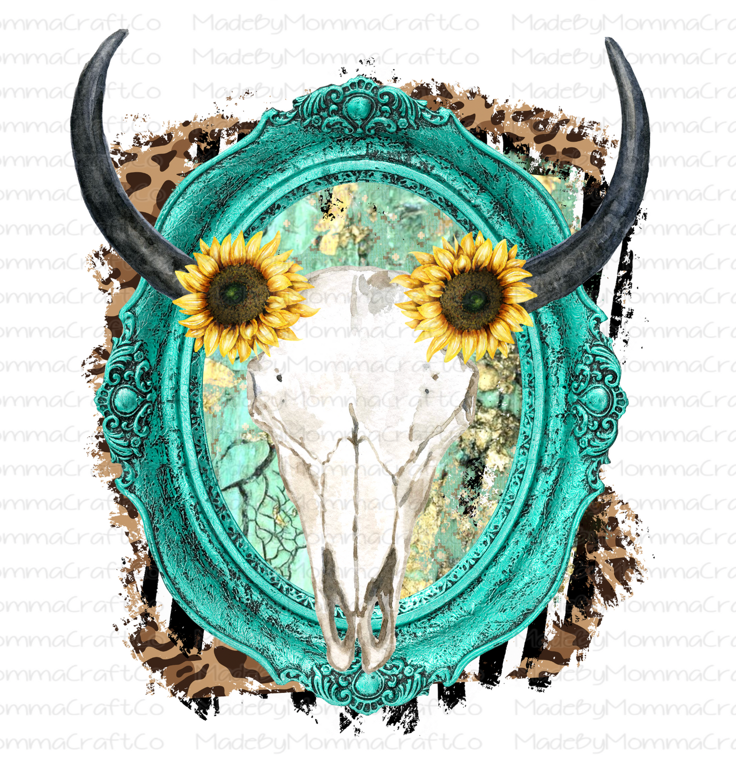 Turquois Sunflower Western Skull and Horns-Cheat Clear Waterslide™ or White Cast Sticker